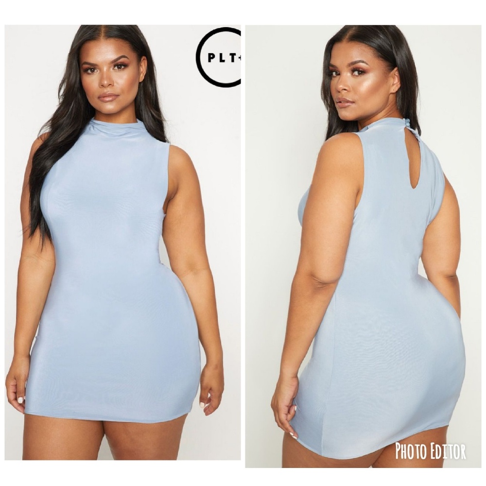 Plus Dusky Blue Second Skin Slinky High Neck Bodyc